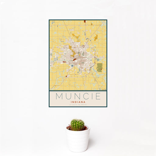 12x18 Muncie Indiana Map Print Portrait Orientation in Woodblock Style With Small Cactus Plant in White Planter