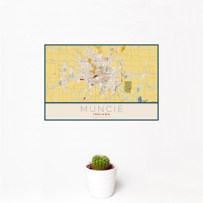 12x18 Muncie Indiana Map Print Landscape Orientation in Woodblock Style With Small Cactus Plant in White Planter