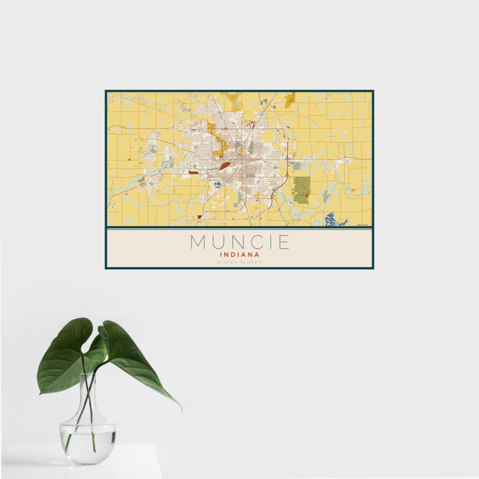 16x24 Muncie Indiana Map Print Landscape Orientation in Woodblock Style With Tropical Plant Leaves in Water