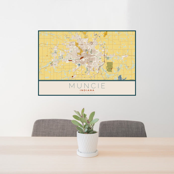 24x36 Muncie Indiana Map Print Landscape Orientation in Woodblock Style Behind 2 Chairs Table and Potted Plant