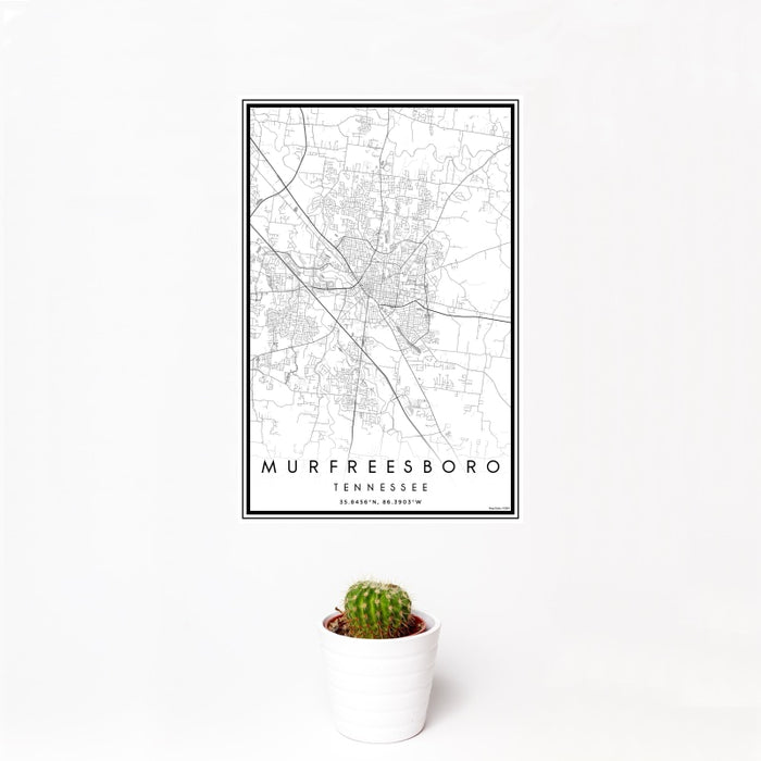 12x18 Murfreesboro Tennessee Map Print Portrait Orientation in Classic Style With Small Cactus Plant in White Planter