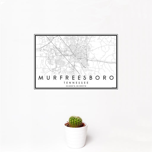12x18 Murfreesboro Tennessee Map Print Landscape Orientation in Classic Style With Small Cactus Plant in White Planter