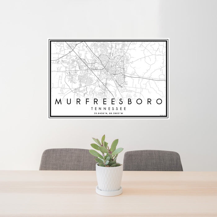 24x36 Murfreesboro Tennessee Map Print Landscape Orientation in Classic Style Behind 2 Chairs Table and Potted Plant