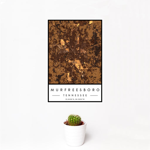 12x18 Murfreesboro Tennessee Map Print Portrait Orientation in Ember Style With Small Cactus Plant in White Planter