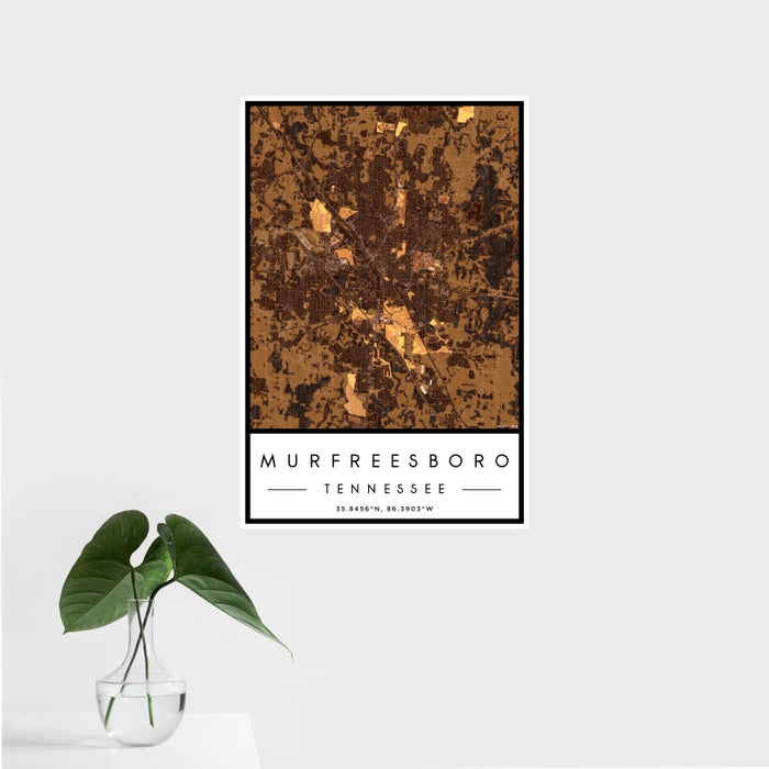 16x24 Murfreesboro Tennessee Map Print Portrait Orientation in Ember Style With Tropical Plant Leaves in Water