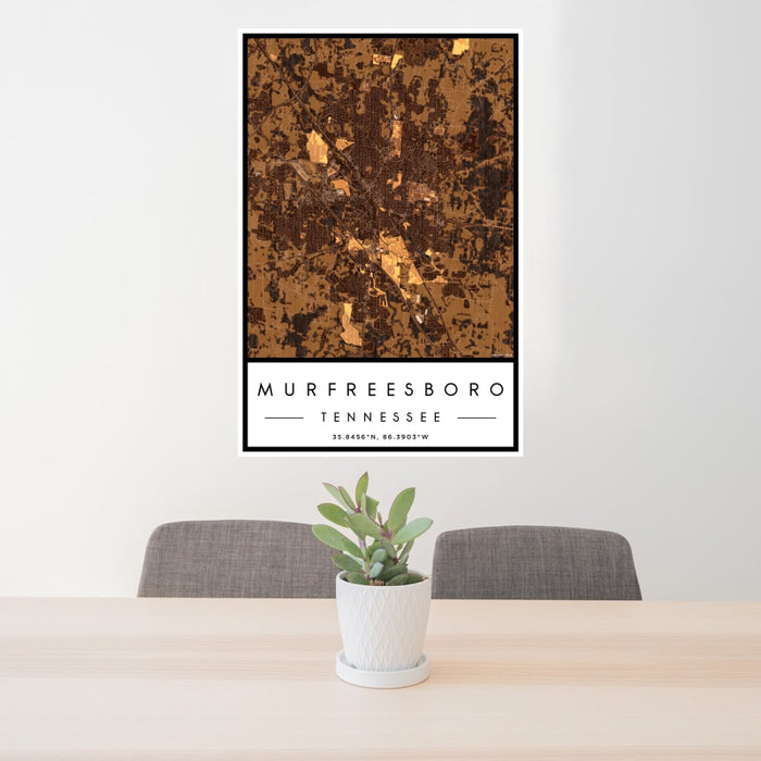 24x36 Murfreesboro Tennessee Map Print Portrait Orientation in Ember Style Behind 2 Chairs Table and Potted Plant