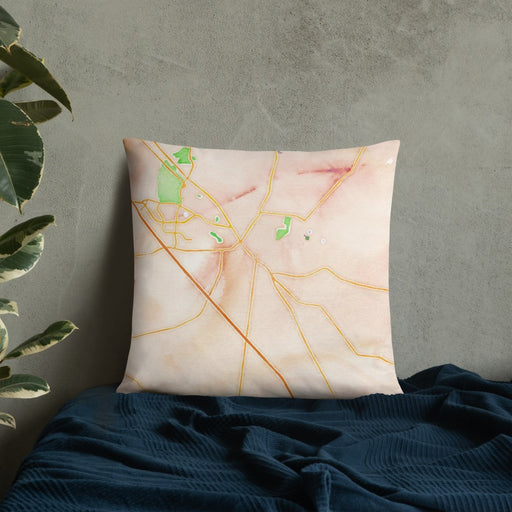 Custom Murfreesboro Tennessee Map Throw Pillow in Watercolor on Bedding Against Wall