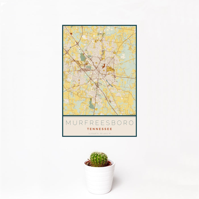 12x18 Murfreesboro Tennessee Map Print Portrait Orientation in Woodblock Style With Small Cactus Plant in White Planter