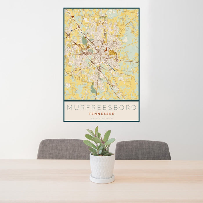24x36 Murfreesboro Tennessee Map Print Portrait Orientation in Woodblock Style Behind 2 Chairs Table and Potted Plant