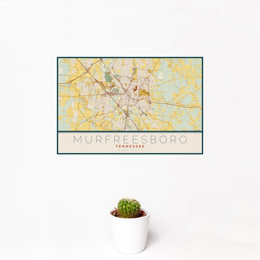 12x18 Murfreesboro Tennessee Map Print Landscape Orientation in Woodblock Style With Small Cactus Plant in White Planter