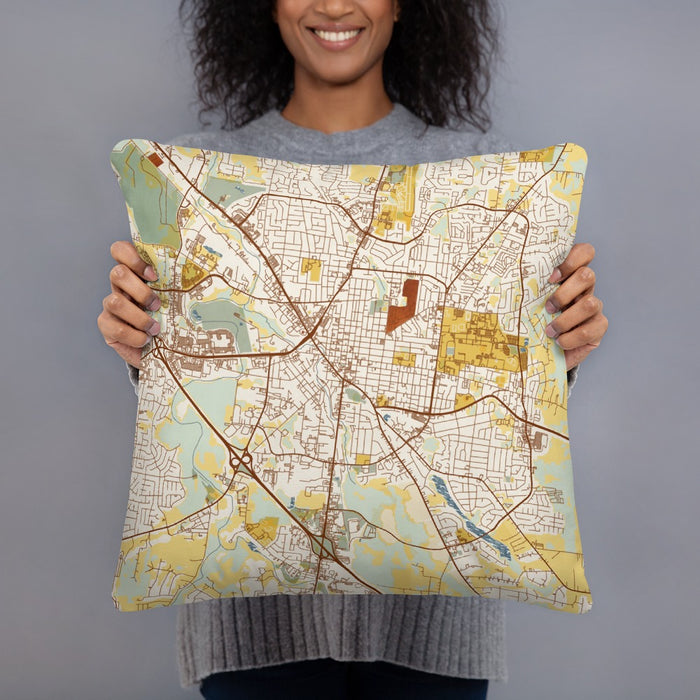 Person holding 18x18 Custom Murfreesboro Tennessee Map Throw Pillow in Woodblock