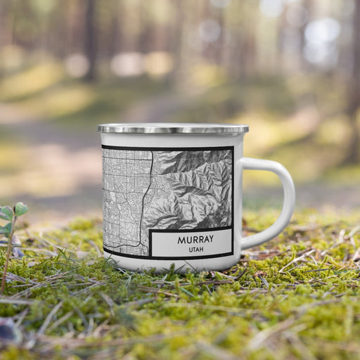 Right View Custom Murray Utah Map Enamel Mug in Classic on Grass With Trees in Background