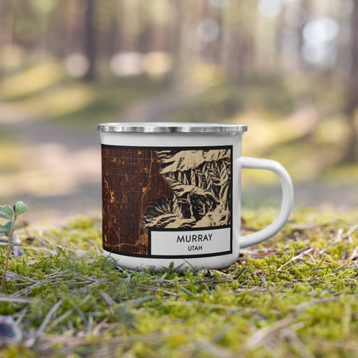 Right View Custom Murray Utah Map Enamel Mug in Ember on Grass With Trees in Background
