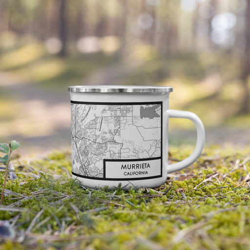 Right View Custom Murrieta California Map Enamel Mug in Classic on Grass With Trees in Background