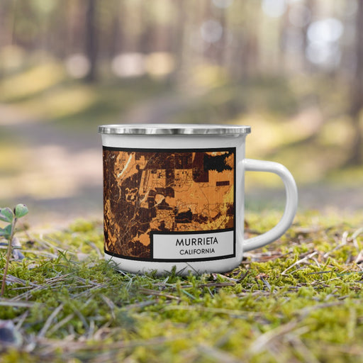 Right View Custom Murrieta California Map Enamel Mug in Ember on Grass With Trees in Background