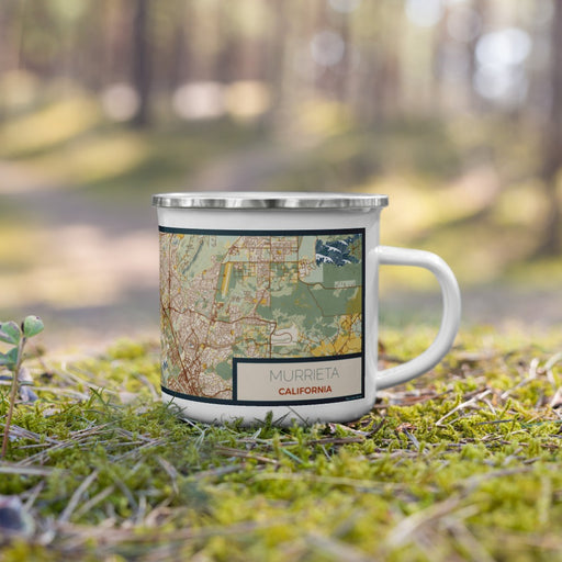 Right View Custom Murrieta California Map Enamel Mug in Woodblock on Grass With Trees in Background