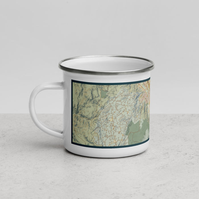 Left View Custom Murrieta California Map Enamel Mug in Woodblock