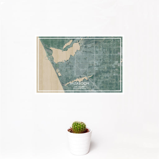 12x18 Muskegon Michigan Map Print Landscape Orientation in Afternoon Style With Small Cactus Plant in White Planter