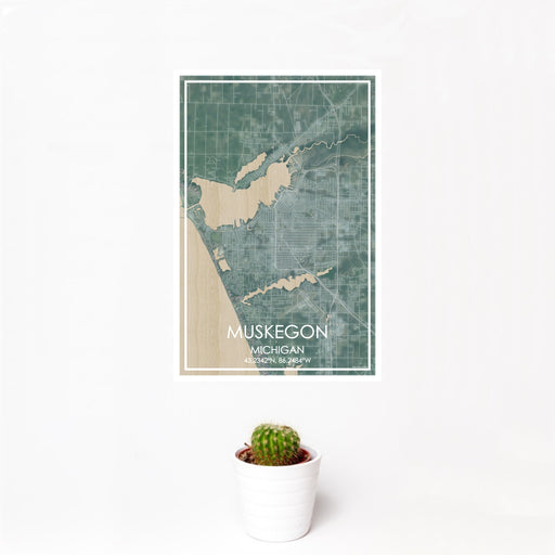 12x18 Muskegon Michigan Map Print Portrait Orientation in Afternoon Style With Small Cactus Plant in White Planter