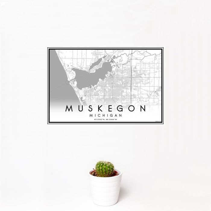 12x18 Muskegon Michigan Map Print Landscape Orientation in Classic Style With Small Cactus Plant in White Planter