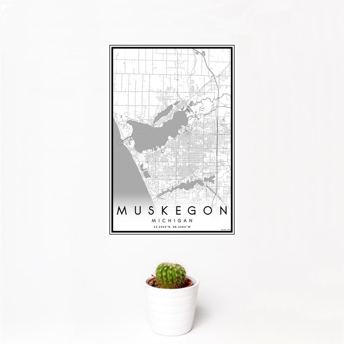 12x18 Muskegon Michigan Map Print Portrait Orientation in Classic Style With Small Cactus Plant in White Planter