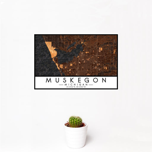 12x18 Muskegon Michigan Map Print Landscape Orientation in Ember Style With Small Cactus Plant in White Planter