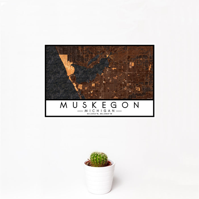 12x18 Muskegon Michigan Map Print Landscape Orientation in Ember Style With Small Cactus Plant in White Planter