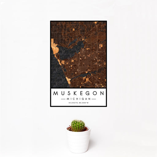 12x18 Muskegon Michigan Map Print Portrait Orientation in Ember Style With Small Cactus Plant in White Planter