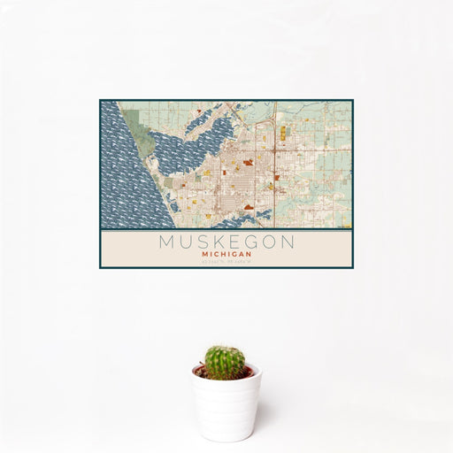 12x18 Muskegon Michigan Map Print Landscape Orientation in Woodblock Style With Small Cactus Plant in White Planter
