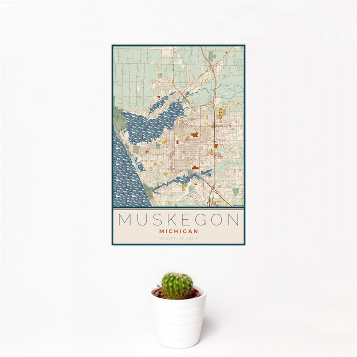 12x18 Muskegon Michigan Map Print Portrait Orientation in Woodblock Style With Small Cactus Plant in White Planter