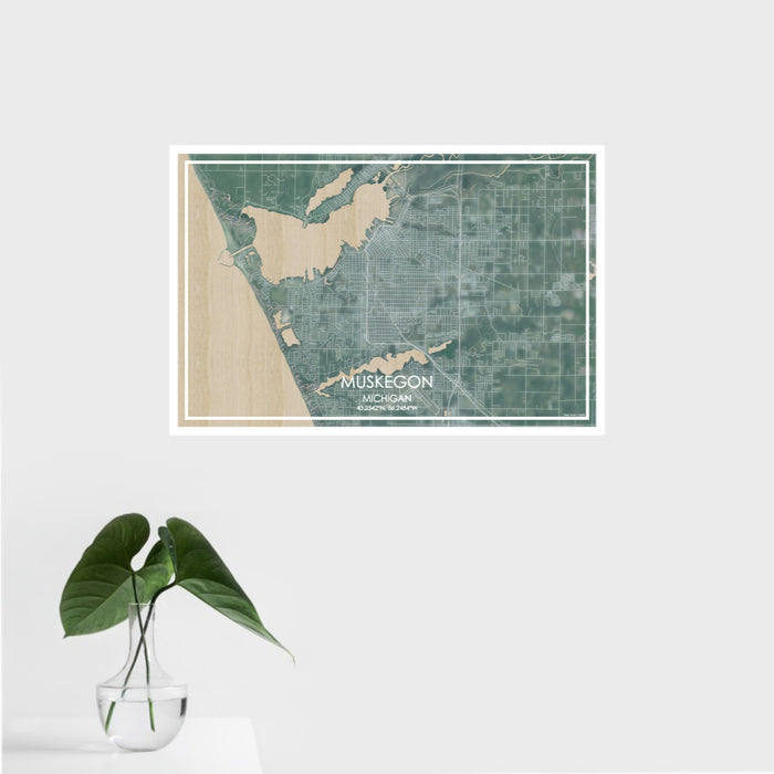 16x24 Muskegon Michigan Map Print Landscape Orientation in Afternoon Style With Tropical Plant Leaves in Water