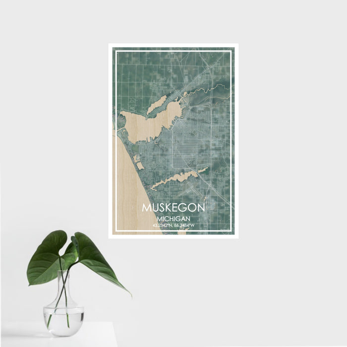 16x24 Muskegon Michigan Map Print Portrait Orientation in Afternoon Style With Tropical Plant Leaves in Water