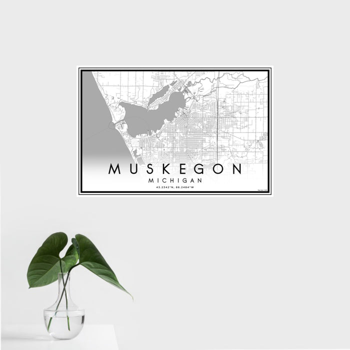 16x24 Muskegon Michigan Map Print Landscape Orientation in Classic Style With Tropical Plant Leaves in Water