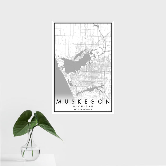 16x24 Muskegon Michigan Map Print Portrait Orientation in Classic Style With Tropical Plant Leaves in Water