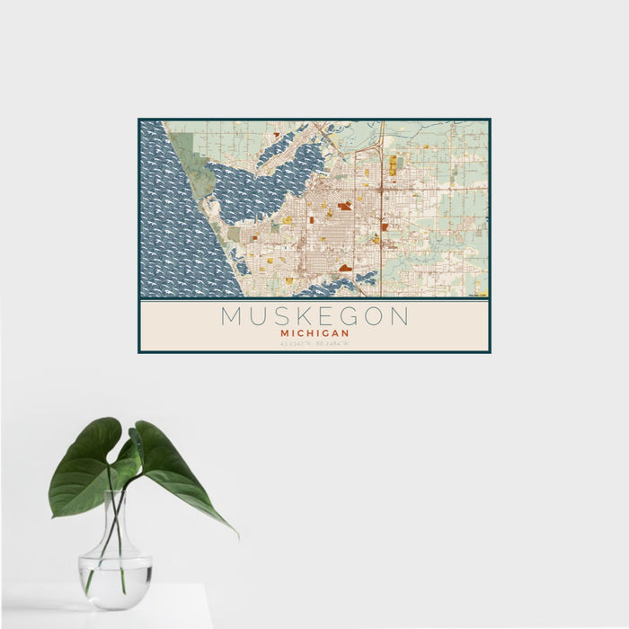 16x24 Muskegon Michigan Map Print Landscape Orientation in Woodblock Style With Tropical Plant Leaves in Water