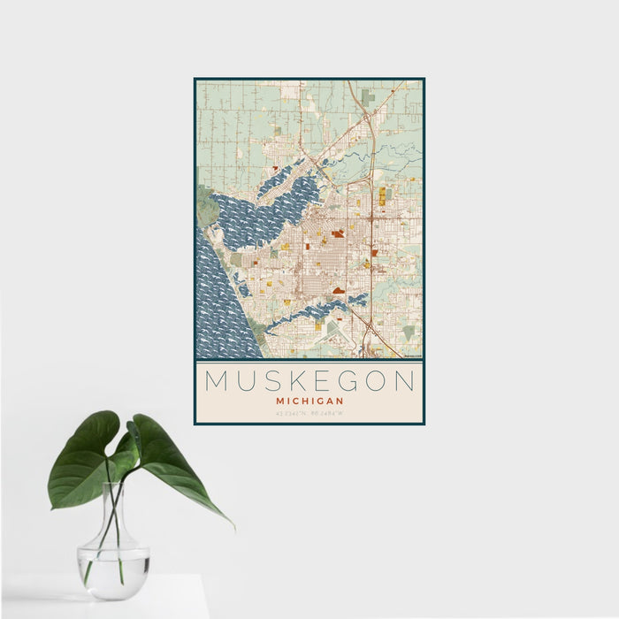 16x24 Muskegon Michigan Map Print Portrait Orientation in Woodblock Style With Tropical Plant Leaves in Water