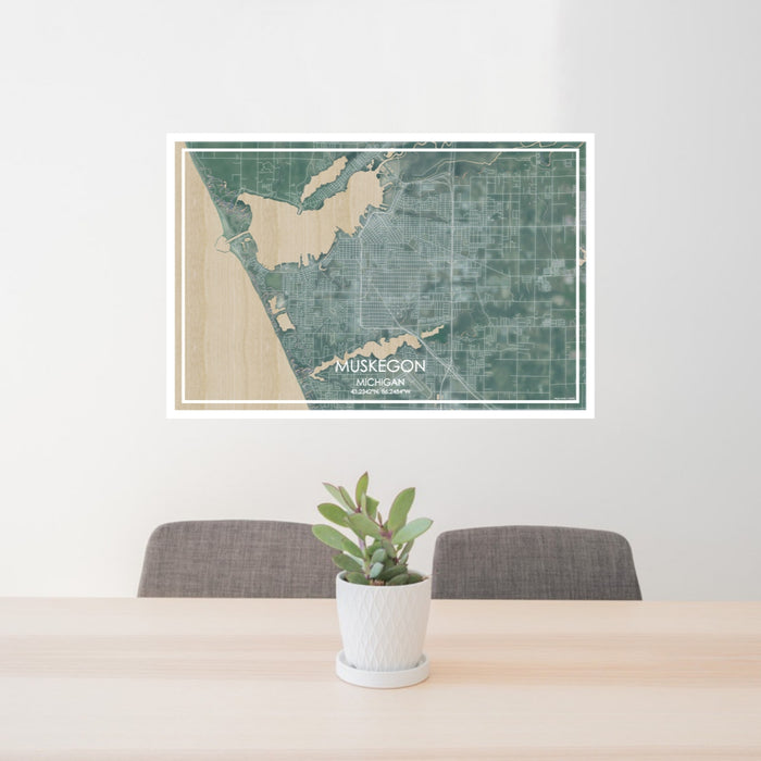24x36 Muskegon Michigan Map Print Lanscape Orientation in Afternoon Style Behind 2 Chairs Table and Potted Plant