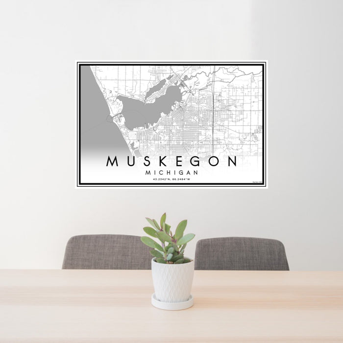 24x36 Muskegon Michigan Map Print Lanscape Orientation in Classic Style Behind 2 Chairs Table and Potted Plant