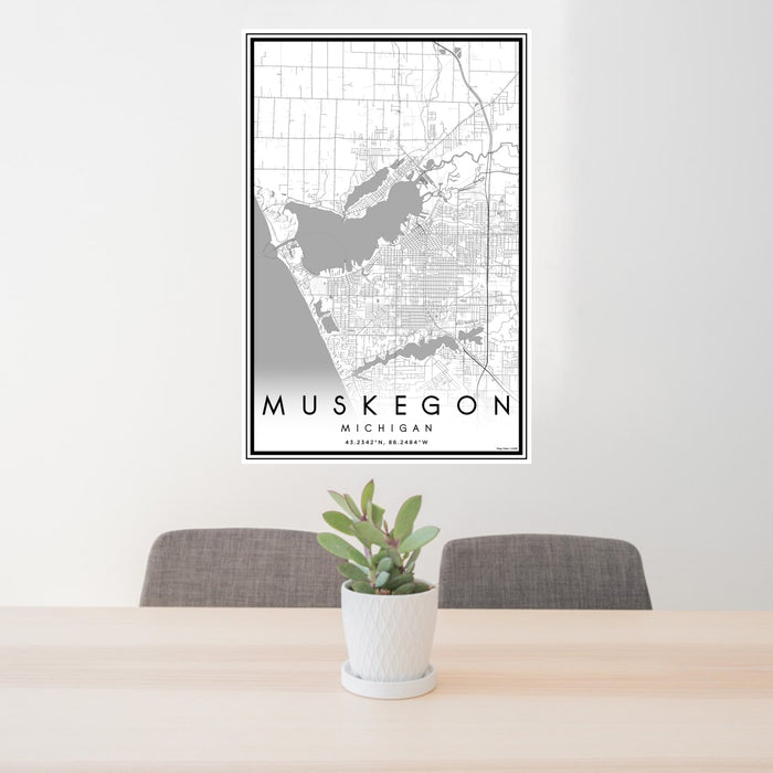 24x36 Muskegon Michigan Map Print Portrait Orientation in Classic Style Behind 2 Chairs Table and Potted Plant