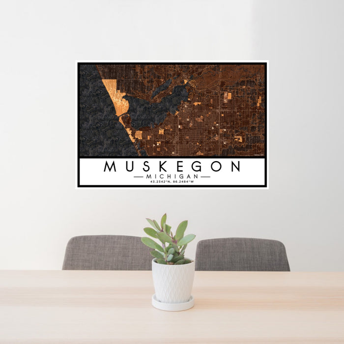 24x36 Muskegon Michigan Map Print Lanscape Orientation in Ember Style Behind 2 Chairs Table and Potted Plant