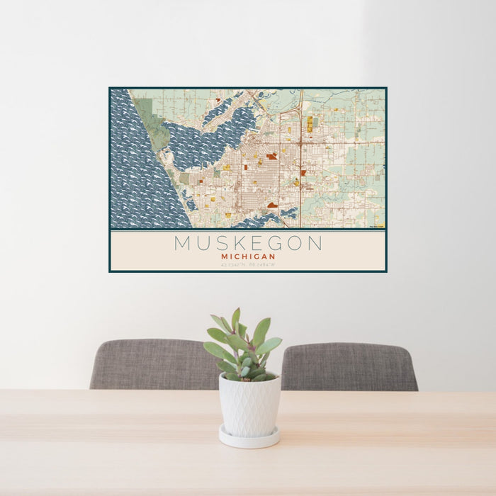 24x36 Muskegon Michigan Map Print Lanscape Orientation in Woodblock Style Behind 2 Chairs Table and Potted Plant