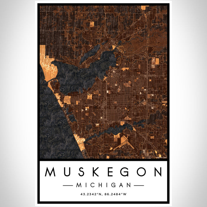 Muskegon Michigan Map Print Portrait Orientation in Ember Style With Shaded Background