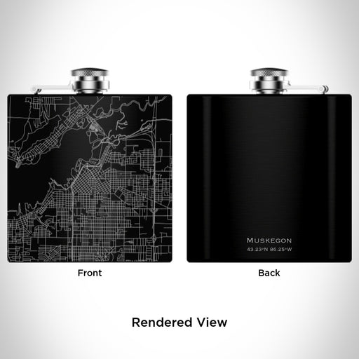 Rendered View of Muskegon Michigan Map Engraving on 6oz Stainless Steel Flask in Black