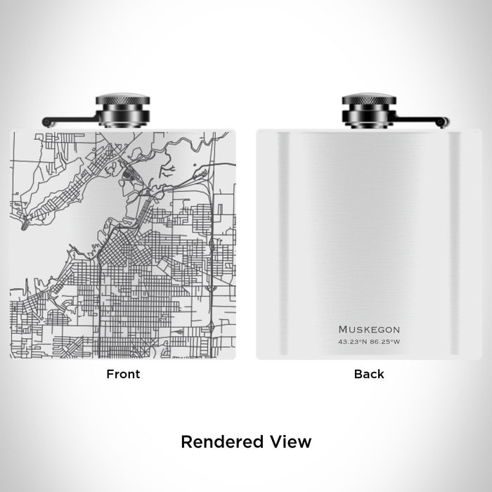 Rendered View of Muskegon Michigan Map Engraving on 6oz Stainless Steel Flask in White