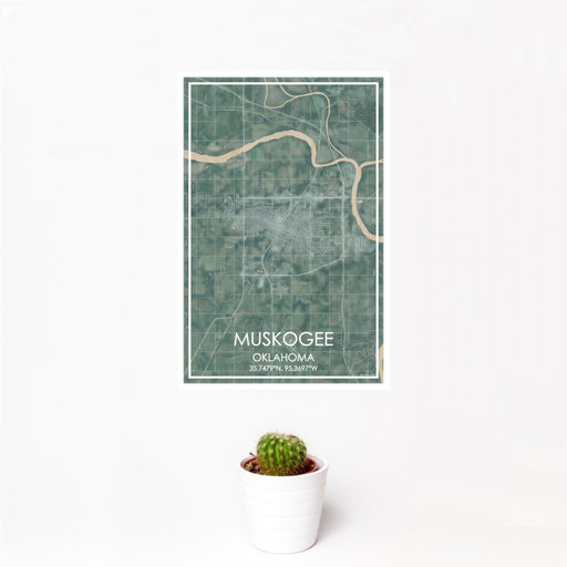 12x18 Muskogee Oklahoma Map Print Portrait Orientation in Afternoon Style With Small Cactus Plant in White Planter