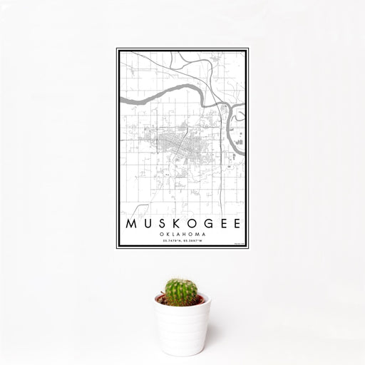12x18 Muskogee Oklahoma Map Print Portrait Orientation in Classic Style With Small Cactus Plant in White Planter