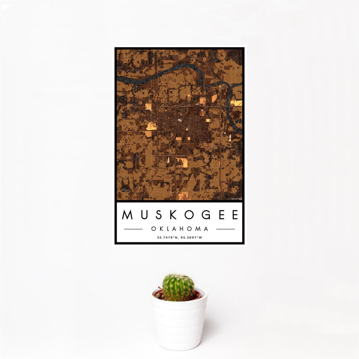 12x18 Muskogee Oklahoma Map Print Portrait Orientation in Ember Style With Small Cactus Plant in White Planter