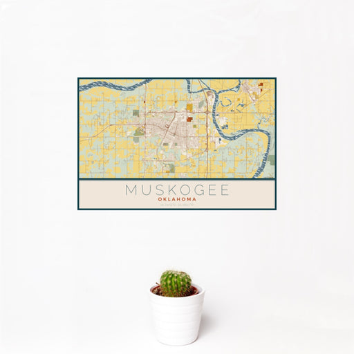 12x18 Muskogee Oklahoma Map Print Landscape Orientation in Woodblock Style With Small Cactus Plant in White Planter