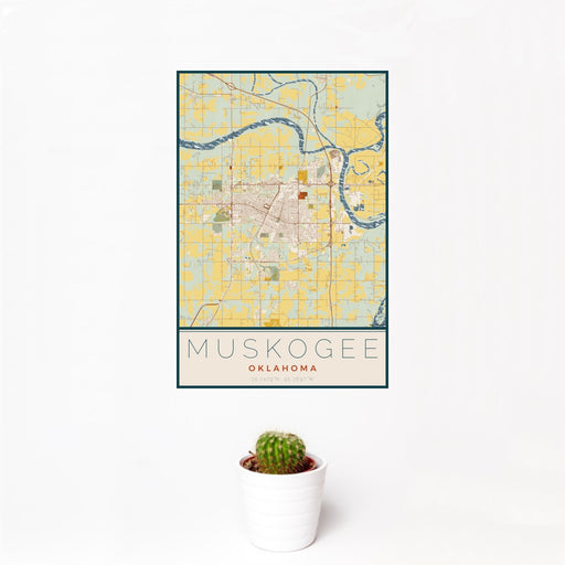 12x18 Muskogee Oklahoma Map Print Portrait Orientation in Woodblock Style With Small Cactus Plant in White Planter