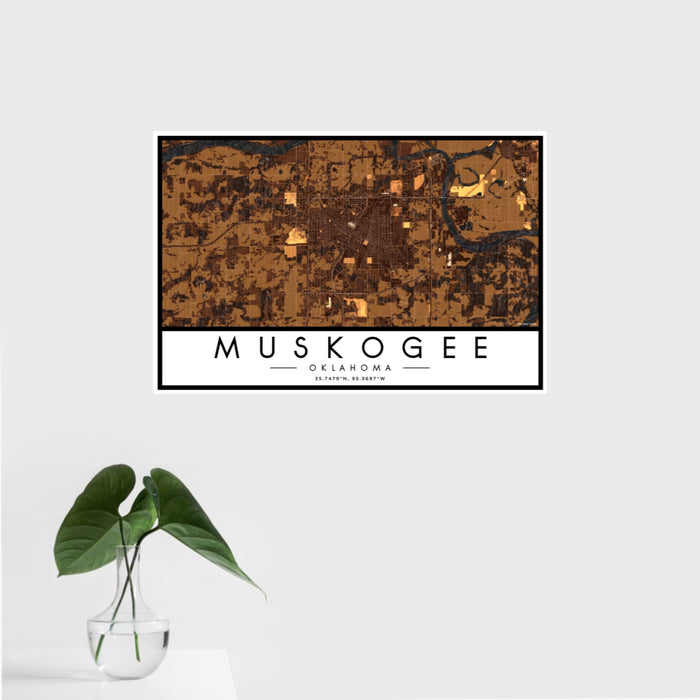 16x24 Muskogee Oklahoma Map Print Landscape Orientation in Ember Style With Tropical Plant Leaves in Water